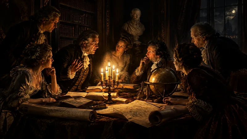 Men and women in eighteenth-century dress lean over books, maps and a globe, arguing by the light of a candelabra.