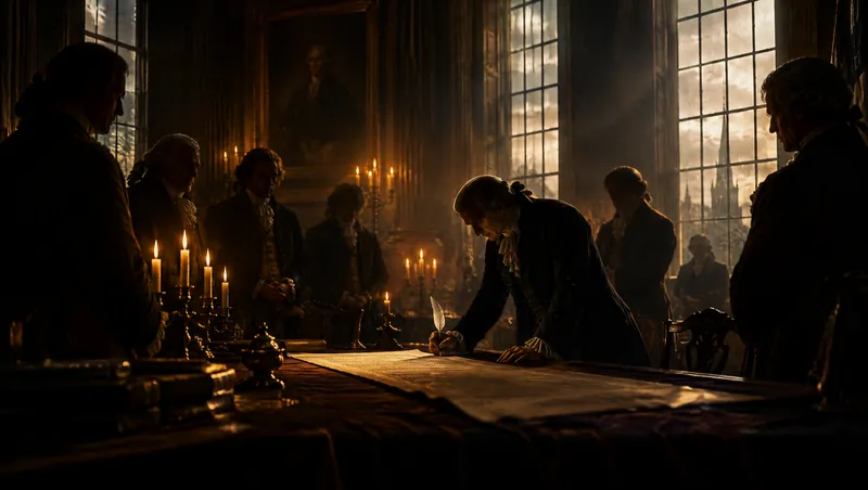 Men in eighteenth-century coats gather around a candlelit table while one signs a large parchment with a quill.