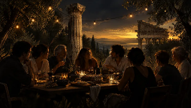Friends of different ages talk over bread and wine at a long outdoor table under string lights, with a ruined marble column and temple behind them.