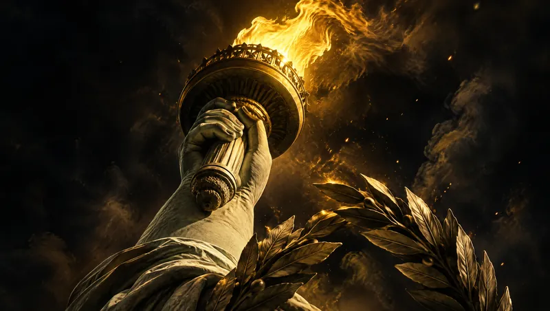 The raised torch of the Statue of Liberty burns gold against a dark night sky, with a laurel branch in front.