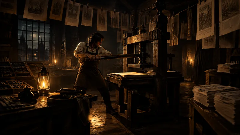 A printer pulls the lever of a wooden hand press by lamplight, with printed sheets hanging to dry above him.