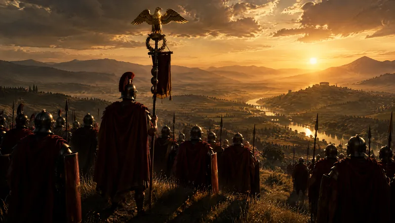 A gold eagle standard rises above a Roman legion seen from behind on a hilltop, looking out over a valley at sunset.