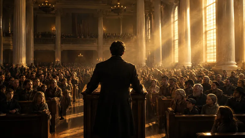 Seen from behind, a speaker at a wooden podium addresses a packed hall of ordinary citizens, gold light streaming through tall windows.